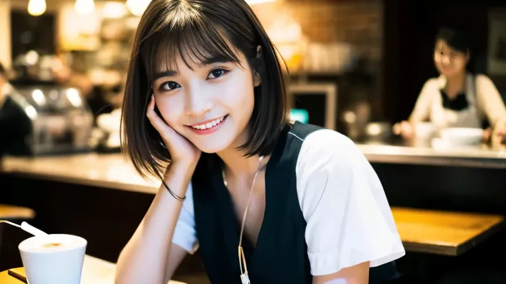 (最high quality、8k、32k、masterpiece:1.2)、Normal breasts、Short Bob Hair、Upper Body、necklace、Looking at the audience、Trendy coffee shop background. Incorporate elements like modern furniture, Artistic decoration, and ambient lighting to enhance the ambiance. P...