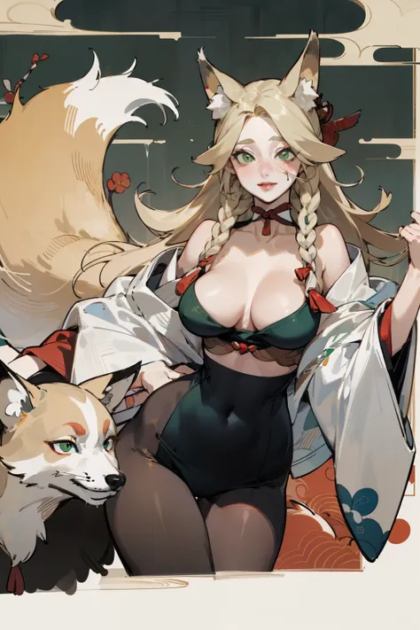 solitary, (Fox ears), Exquisite eyes, blond hair，Facial details, Green Eyes, Red Eyeshadow, lips are red, Fake laugh, Ukiyo-e, masterpiece, high quality, big breasts，Black tights，High heel，Exposing thighs，leaking breasts