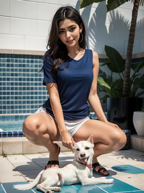 woman in blue shirt playing with a white dog on a tiled floor, by Amelia Peláez, by Samuel Silva, hip and leg shot, squatting down next to a pool, by Nándor Katona, by Luis Miranda, by Gina Pellón, fernanda suarez, malika favre, caroline gariba, doing a ki...