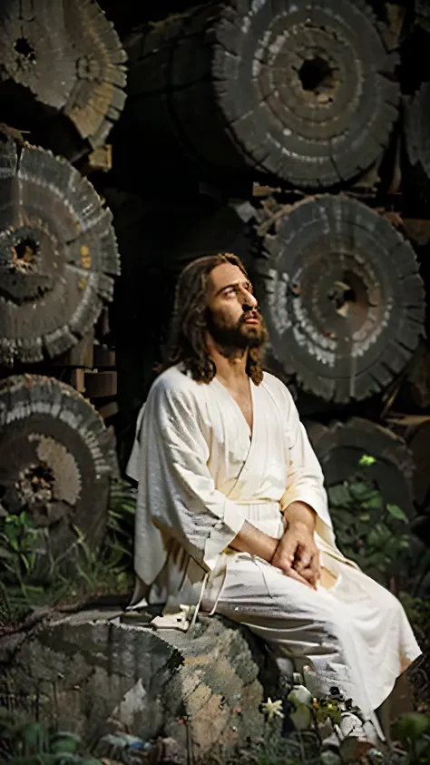 jesus sat on a rock in the wilderness, wear white clothes and robes, looking tired and hungry.