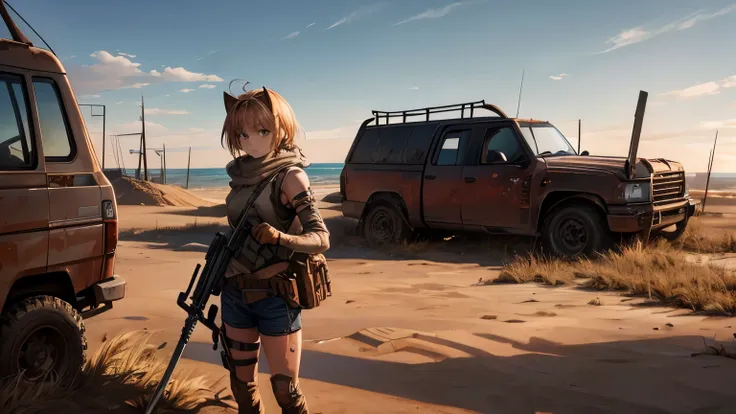 Against the backdrop of a sandy wasteland there are many rusty shipwrecks, post apocalypse. In the center of the picture is a rusty pickup truck with a machine gun.. On the roof of a pickup truck stands a girl in anime style wearing a rusty metal mask and ...