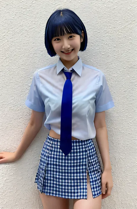 17 years old、Japanese、Small breasts, , blue hair、Bobcut, Red checkered colored tie, Navy blue mini skirt, White shirt, Idol Sculpture, Wet, smile、Pink wall、Her underwear is slightly visible、sexy、slender