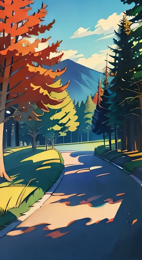 There is a picture of a road with trees, Inspired by David Hockney, Inspired by Stan Berenstain and Jane Berenstain, Inspired by Armand Guillaumin, inspired by Peter Max, Coloring, color, Vibrant gouache landscapes, Artwork about roads , color painting, Co...