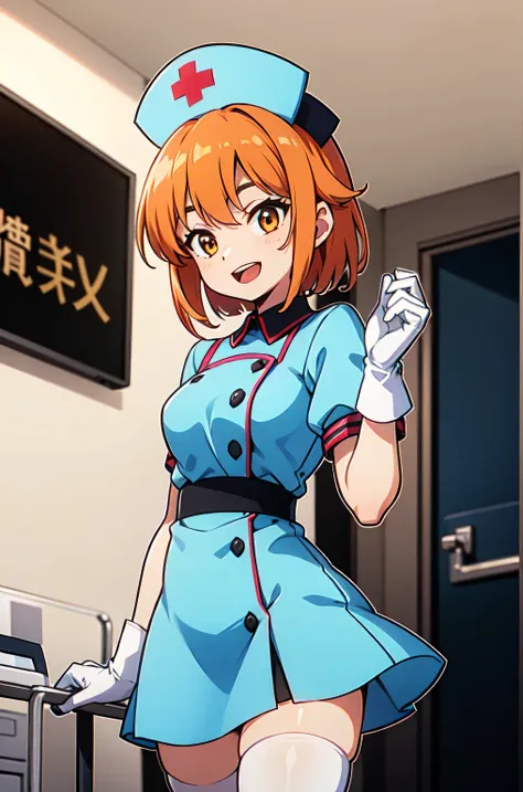 1girl, solo, nurse, nurse cap, white nurse uniform, ((white legwear, zettai ryouiki)), white gloves, very short hair, orange hair, smile, open mouth, standing, ((hospital room)), sharp outline, short sleeves, tomboy, boyish, best quality, masterpiece