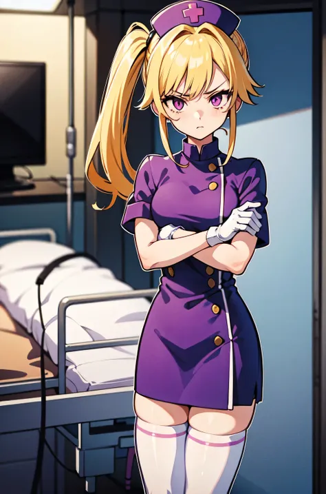 1girl, solo, nurse, nurse cap, white nurse uniform, ((white legwear, zettai ryouiki)), white gloves, twintails, yellow hair, purple eyes, angry, crossed arms, standing, ((hospital room)), sharp outline, short sleeves, best quality, masterpiece