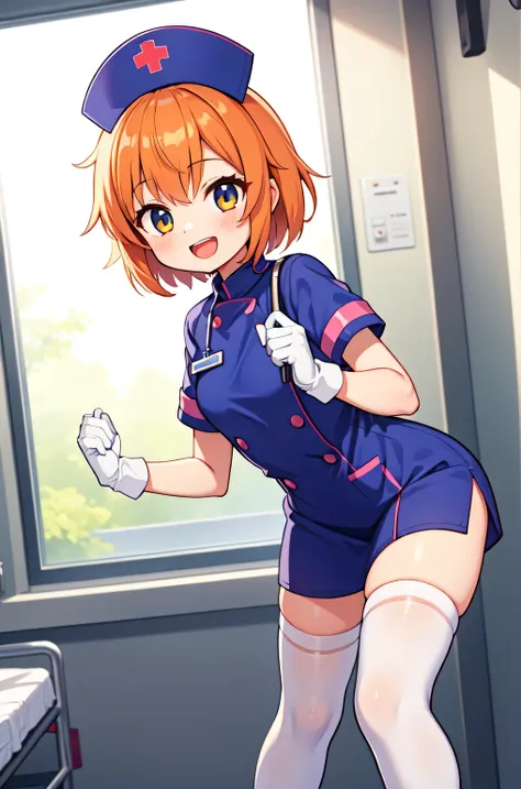 1girl, solo, nurse, nurse cap, white nurse uniform, ((white legwear, zettai ryouiki)), white gloves, very short hair, orange hair, smile, open mouth, standing, ((hospital room)), sharp outline, short sleeves, tomboy, boyish, best quality, masterpiece