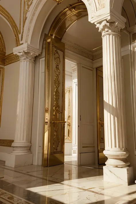 A captivating close-up of a white neo-classical building, showcasing intricately carved columns and ornate details. The black door, adorned with golden hardware, stands out against the pristine background. A balcony extends from the second floor, casting d...