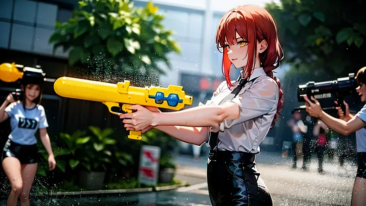 A woman with an average age of 28, long hair in a red braid, yellow eyes, wearing a white shirt and tie, long black slacks, wet with water, photograph High resolution, splatter backdrop,outdoor,