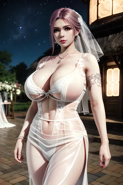 1 girl,standing posture,((  Short Wedding Dress, see-through)), outdoor,elegant,nighttime,moonlighe,shiny skin,( huge breasts:1.1), lip gloss,( tattoos:1.3), masterpiece, best quality, realistic ,Surrealism,,Rich artistic colors, 8K,soft shadows,Portrait a...