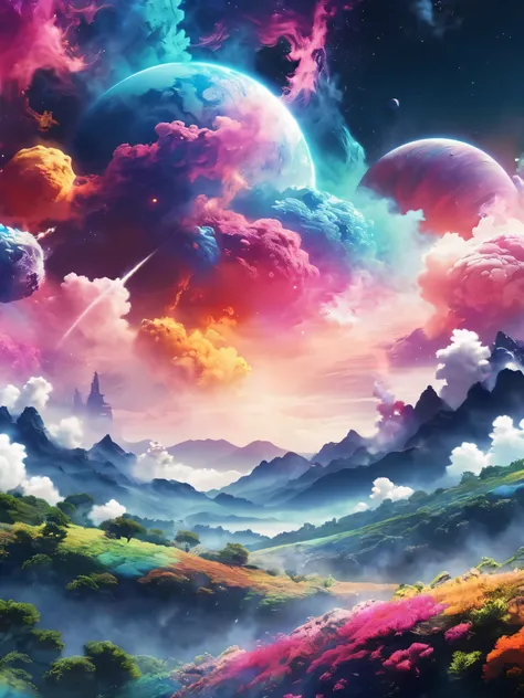 Dreamy anime scenery, multicoloured space smoke