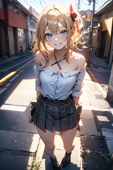 (masterpiece, highest quality:1.2), One girl, alone,Are standing_Split, blue eyes,Blue pubic hair catches my eye,Bright red background, blonde hair, hair ornament,long hair,naked_shirt,Pussy_hair,、Smiling, triumphant attitude, ((Masterpiece Eyes))