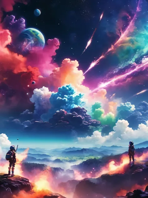 Dreamy anime scenery, multicoloured space smoke