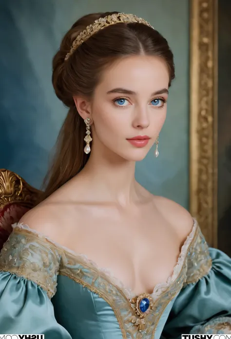 (highres,masterpiece:1.2),(realistic:1.37)A portrait of a French aristocrat girl in the 18th century with unparalleled beauty. She has mesmerizing blue eyes and delicate rosy lips. The portrait is meticulously detailed, capturing every subtle nuance of her...