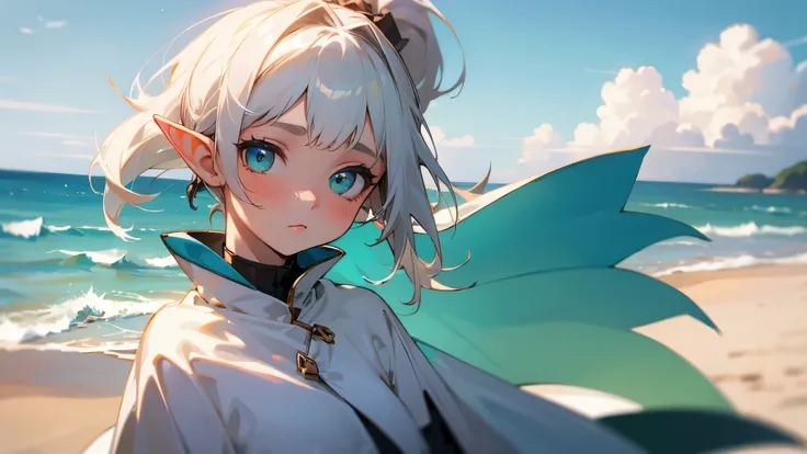 ((4k, Masterpiece, absurd, high resolution, best quality, ultra detailed)), 1 girl in, Elf young, short white hair, two-tone hair, ponytail, choke, light green eyes, cute, blush, eyes up, big eyes, white clothes, simple and elegant, we say, beach, cumuloni...