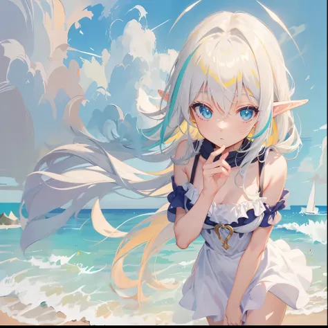 Elf girl with green eyes standing on the beach near the ocean, white hair with yellow and light blue streaks, anime art wallpaper 8k, anime art wallpaper 4K, anime art wallpaper 4k, anime style 4k, 4k anime wallpaper, 4k anime wallpaper, 4k anime wallpaper...