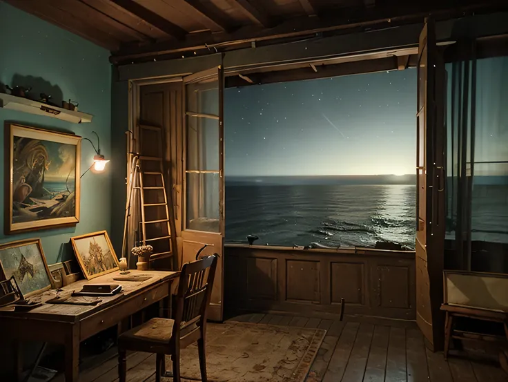 close up of vintage artists studio overlooking the ocean, night time