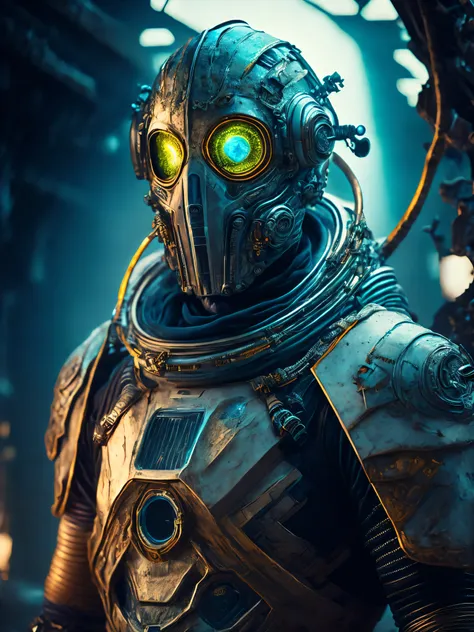 breathtaking cinematic science fiction photo of a portrait of a non human masked Grim dressed as an astronaut in metal skin, body full glowing metrics inside, glowing multicoloured eyes, multifaceted eyes, metallic arms, inside a destroyed building, extrem...