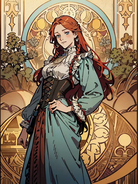 (Flat color:1.1),(Colorful:1.3),(Masterpiece:1.2), tarot: vamp, freckled, awkward, smiling, light blue eyes, Best quality, Masterpiece, Original, 1 girl, two red braids, long hair, ((linen dress with corset)), Full body photo of woman，((outdoor setting)), ...