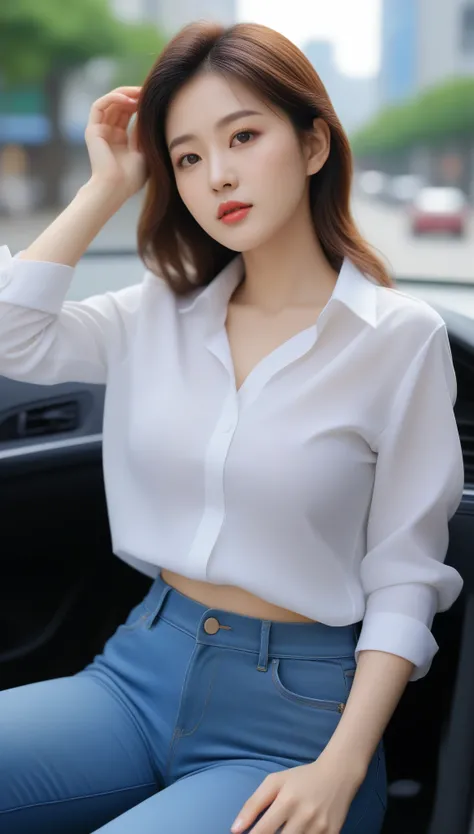 close-up of beautiful korean female, 34 inch breasts size, wearing shirt, pants, sitting in the car, bokeh background , UHD