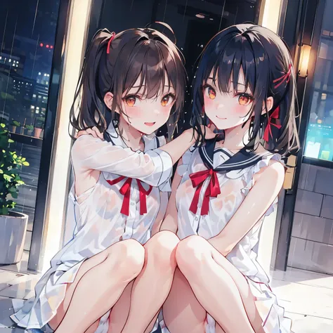 realistically, 2 girls, twin tails, 1 ponytail, brown eyes, glowing eyes, white short skirt, Blush, daytime, Wet from the rain, see through, sleeveless shirt, nipples, Knee hug, pussy, crotch, naked, armpit, smile