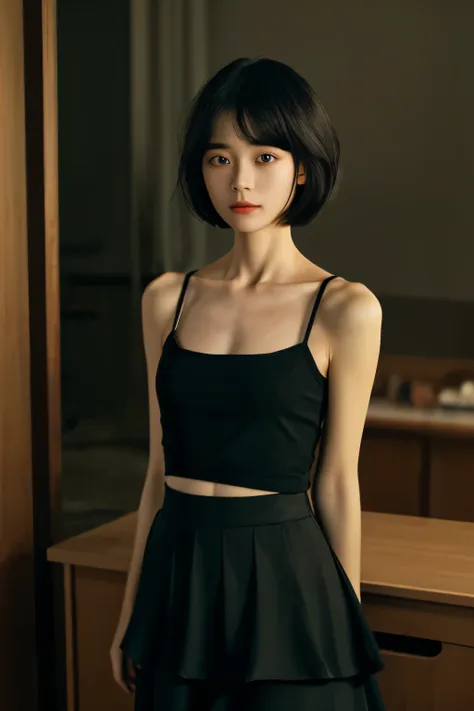 ((best quality，masterpiece:1.3))，sharp:1.2，perfect body beauty:1.4，((layered hairstyle))、(black long skirt:1.1)，(darkroom:1.2)，h...