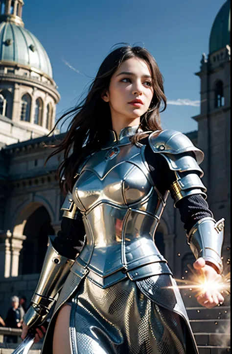 best quality,4k,8k,highres,masterpiece:1.2,ultra-detailed,realistic:1.37,female warrior,Joan of Arc,detailed armor,detailed sword,beautiful detailed eyes,beautiful detailed lips,extremely detailed face,long eyelashes,brave expression,fierce gaze,soaring ha...