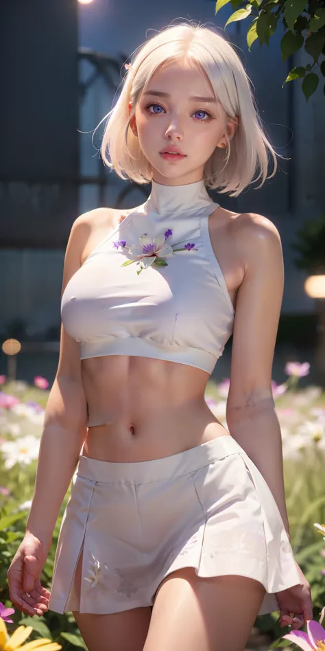 realistic, 1girl, white hair, purple eyes, glowing eyes, crop top, skirt, parted lips, blush, night, flowers, sun, sunlight,