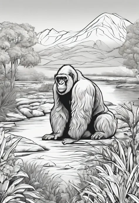 coloring book black and white white gorilla in a bushes tall grass on a hill with river in a front no greyscale no shading no shade no shadows