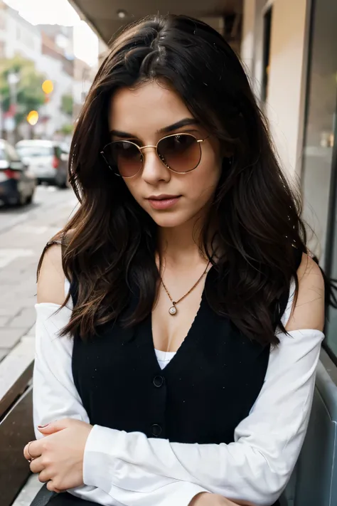 Girl with black long hair, Curley dark brown hair, sitting in a cafe, during daytime, perfect body shoot, slim figure, wearing red sleeve vest, sexy , black pant, white sneakers, sunglasses, necklace, focus face, share and clean face, glowing face, master ...