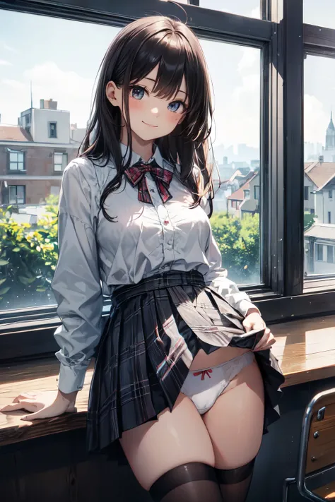 very cute and beautiful girl,(highly detailed beautiful face),
(smile),blush,black hair,white blouse,ribbon,(pleated plaid mini skirt),standing,(skirt lift,white panties),
wooden classroom,window,distant trees and town,
(best quality,masterpiece:1.0),absur...