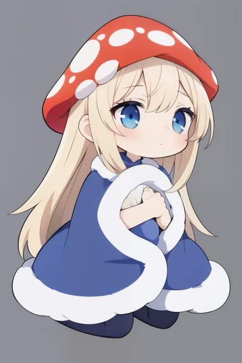 cozyblanket, chibi, simple background,mushroom_girl,red mushroom hat, blue eyes,blonde hair,crossed bangs