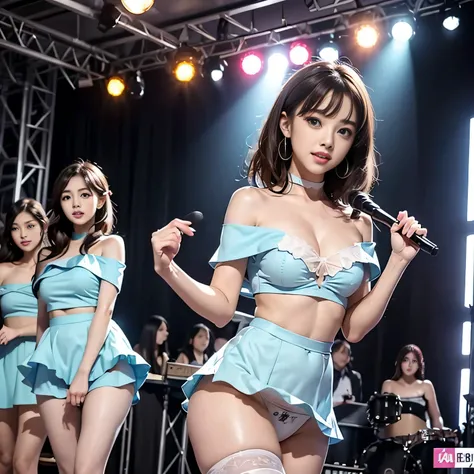 Three-piece girl band、Pop light music band、超A high resolution、Ultra HD、8k、Wonderful expression with attention to detail、long chestnut hair、Straight Long Hair、short cut bob hair、(Off-the-shoulder light blue dress、Mini skirt type)、Cute stage costumes、Perform...