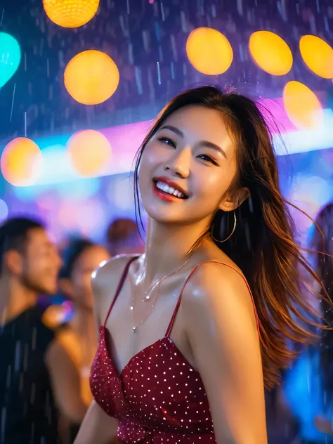 Beautiful Asian woman dancing in the rain at outdoor nightclub laugh joyfully The open-air club here is full of people dancing around her amid colorful lights and bokeh effects. Realistic photography, movies, movies, still images, summer atmosphere Shot in...