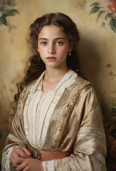 (highres,masterpiece:1.2),(realistic:1.37), A portrait of a Jewish girl in the 20th century with unparalleled beauty. age 14, eldest daughter of a wealthy merchant, The lighting is soft and diffused, accentuating the girls ethereal beauty. The colors are v...