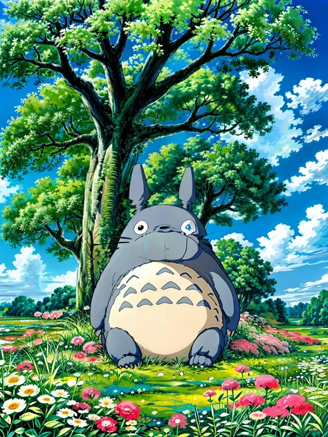 totoro sleeping in the field of flowers under tree, blue cloudy sky, studio ghibli,  4k hd,, beautiful art uhd 4 k, a beautiful artwork illustration, beautiful digital painting, highly detailed digital painting, beautiful digital artwork, detailed painting...
