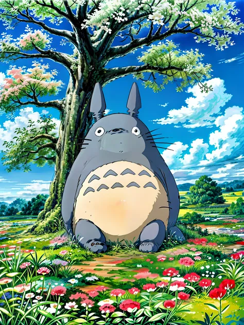 totoro sleeping in the field of flowers under tree, blue cloudy sky, studio ghibli,  4k hd,, beautiful art uhd 4 k, a beautiful artwork illustration, beautiful digital painting, highly detailed digital painting, beautiful digital artwork, detailed painting...