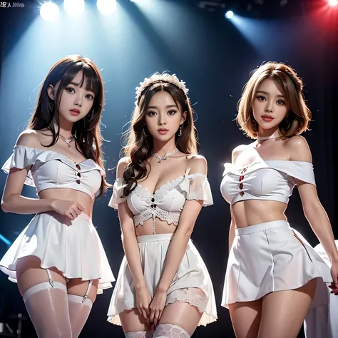 Three-piece girl band、Pop light music band、超A high resolution、Ultra HD、8k、Wonderful expression with attention to detail、long chestnut hair、Straight Long Hair、short cut bob hair、(off shoulder pure white dress、Mini skirt type)、Cute stage costumes、Performance...