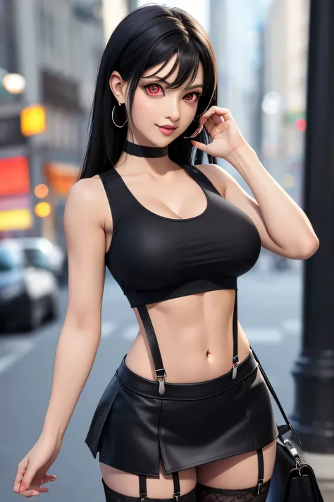 masterpiece, best quality,3d rending work ,3DMM style,close-up, 3D,1girl, solo, black hair, teardropshaped earrings, realistic, upper body, urban city background, bangs, long straight black hair, parted lips, choker, makeup, (white tank top:1.3), (red eyes...