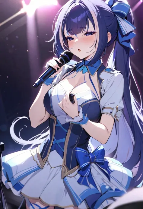 ((shylily)),(masterpiece:1.2),(best quality:1.2),absurdres, highres, ultra detailed, (1girl:1.3),  ribbon ponytail, (blush:1), fingering, (A woman is holding a microphone and is about to sing:1.5)、white and navy idol costume、That costume includes a navy bl...