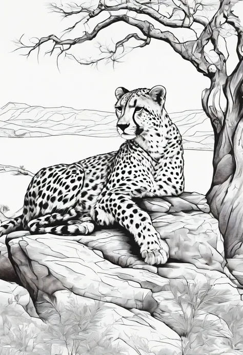 coloring book black and white cheetah sleeping on branch of a lonely tree in a savanna flat terrain big rock behind a tree no greyscale no shading no shade no shadows