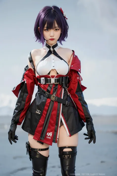 A woman with purple hair and black gloves and a red and white dress.