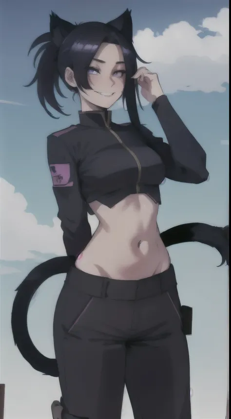 young guy, long black hair, High ponytail, Purple eyes, cat&#39;s ears, shinobi uniform, trousers, open belly, smile, masterpiece, high quality