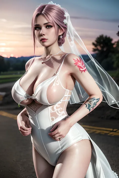 1 girl,standing posture,((  mini Wedding Dress, see-through)), outdoor,elegant,nighttime,moonlighe,shiny skin,( huge breasts:1.1), lip gloss,( tattoos:1.3), masterpiece, best quality, realistic ,Surrealism,,Rich artistic colors, 8K,soft shadows,Portrait ar...