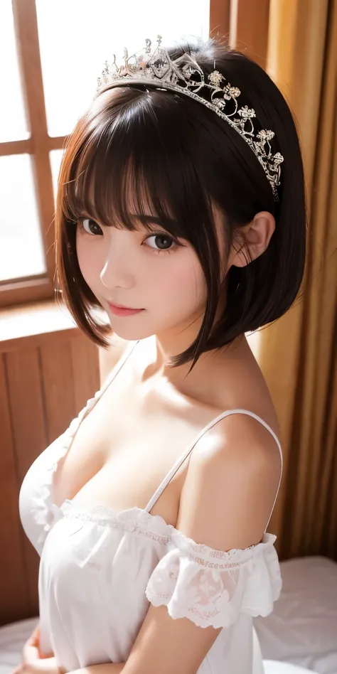 Forward bending pose、Bedroom、Nightgown、Japanese Girls、17-year-old girl、Small breasts、Perfect breasts、Perfect Skin、Perfect figure、Small breasts、Small face、Wet bob hair、Black-haired、Bangs, crown、colorful、 Nippleuchimuchi