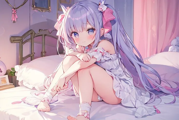 （A cute loli wearing lace：1.1）Have beautiful and delicate eyes and a sweet smile，（colorful）Peeking playfully from under the skirt，（Comfortable and well-lit bedroom）Comfortable bed。The room is full（soft natural light），It creates a warm and inviting atmosphe...