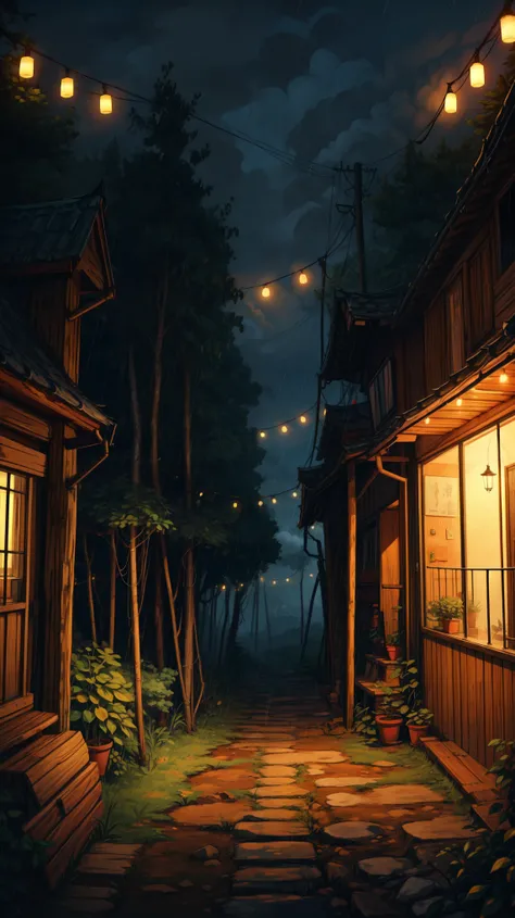 aerial view, tropical forest, string lights trail ,pine trees, evening time, dim light, aesthetically beautiful, rain, thick lines, cozy tones, string lights, muddy path, cloudy sky, magical, shade, shadow, ghibli style, outdoors, cozy atmosphere, micro la...