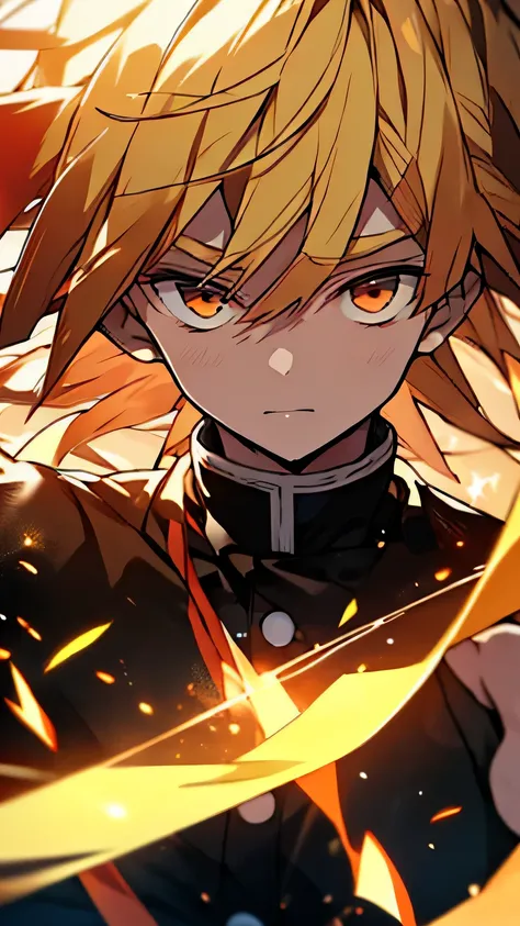 "Create intense 32K artwork of Zenitsu in the heat of battle, draw your sword、emits orange energy. Using the style of Stars Art Group Xing Xing、Achieve a unique visual aesthetic. Find out all the details, From the folds of your clothes to the intensity of ...