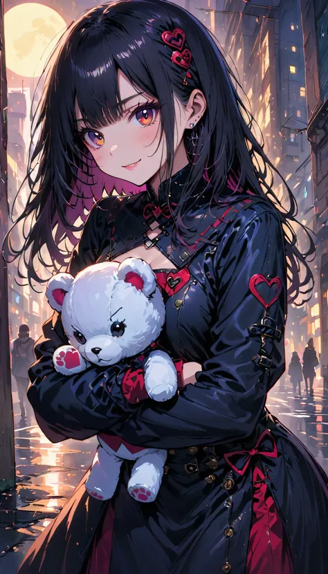 Create an image of a cute goth/emo anime girl with a cocky expression. She should be smirking confidently, her eyes gleaming with mischief. In her arms, she holds a white teddy bear with shiny buttons for eyes. The teddy bear should have a gothic aesthetic...