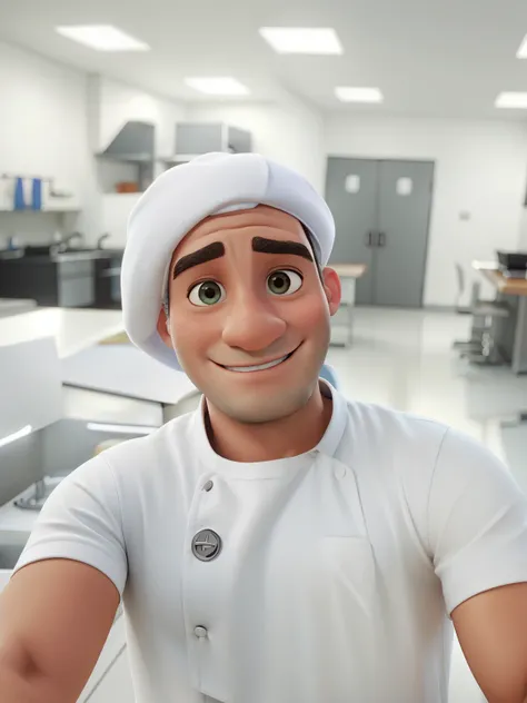 Imagem estilo Pixar, qualidade alta, melhor qualidade, homem de 29 anos, tirando selfie, com touca de pizzaiolo, sem barba, pele clara, olhos castanhos, camisa escrito "Chef"