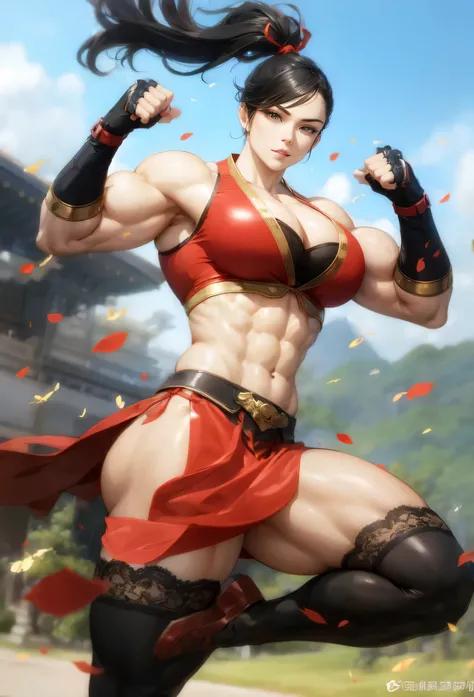 ,girl,beautiful face, muscular female, alternate muscle size,black hair,red hanfu,muscular thighs,spring,muscular ,biceps,black lace trim legwear,abs